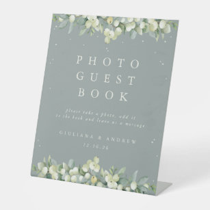 Green Snowberry+Eucalyptus Wedding Photo GuestBook Pedestal Sign