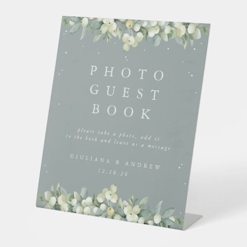 Green SnowberryEucalyptus Wedding Photo GuestBook Pedestal Sign