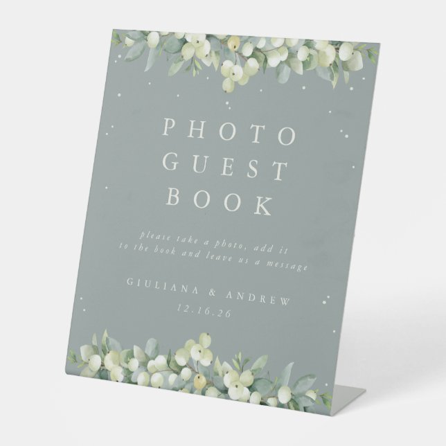 Green Snowberry+Eucalyptus Wedding Photo GuestBook Pedestal Sign (Front)