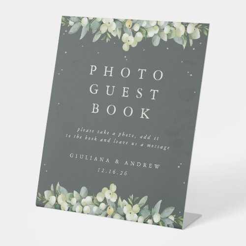 Green SnowberryEucalyptus Wedding Photo GuestBook Pedestal Sign