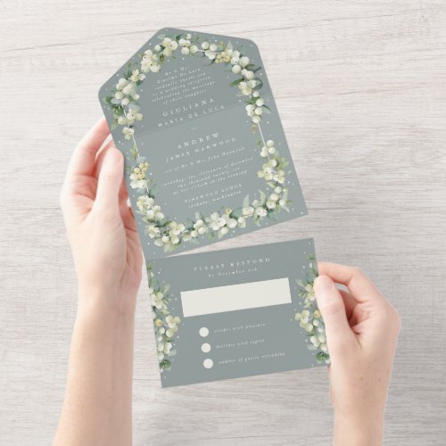 Green SnowberryEucalyptus Wedding Reception Only All In One Invitation