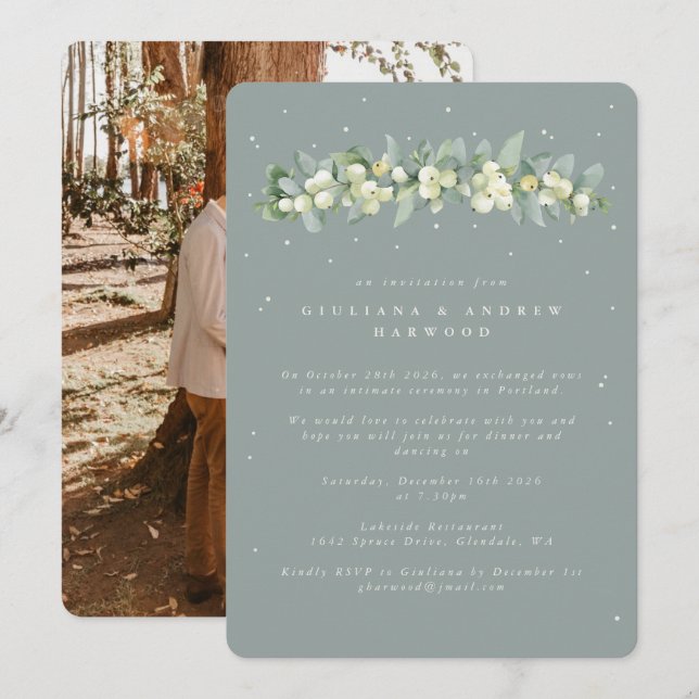 Green Snowberry+Eucalyptus Wedding Reception Photo Invitation (Front/Back)