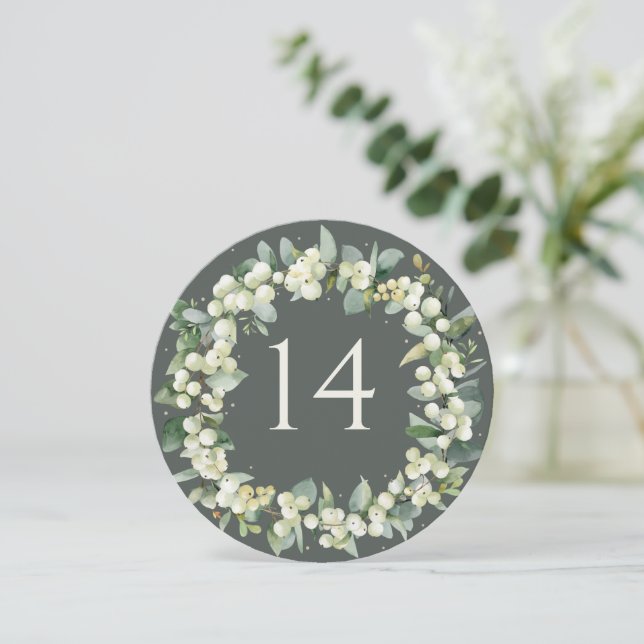 Green Snowberry+Eucalyptus Wedding Table Number (Standing Front)