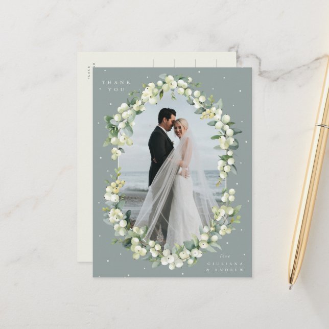 Green Snowberry+Eucalyptus Wedding Thank You Photo Postcard (Front/Back In Situ)