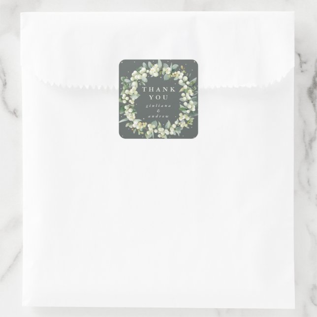 Green Snowberry+Eucalyptus Wedding Thank You Square Sticker (Bag)