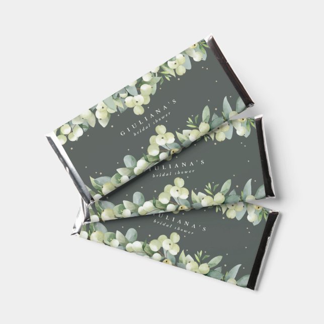 Green Snowberry+Eucalyptus Winter Bridal Shower Hershey Bar Favors (Front)