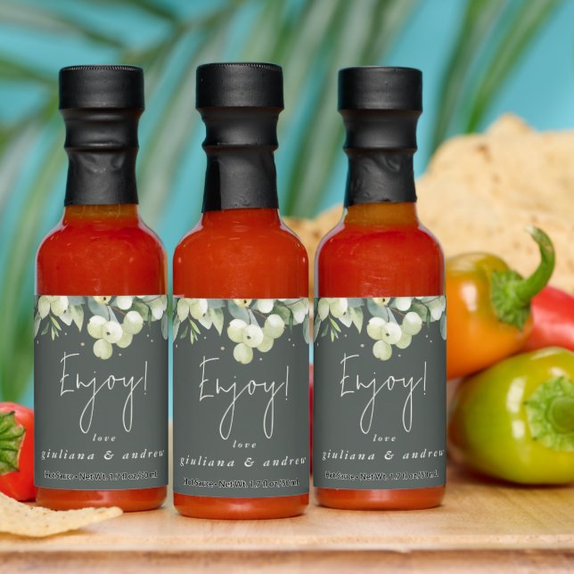 Green Snowberry+Eucalyptus Winter Wedding Favor Hot Sauces (Multi)