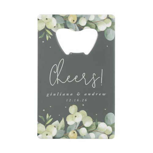 Green SnowberryEucalyptus Winter Wedding Mini Credit Card Bottle Opener