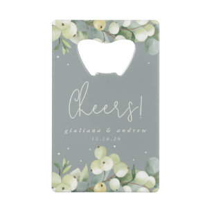 Green Snowberry+Eucalyptus Winter Wedding Mini Credit Card Bottle Opener