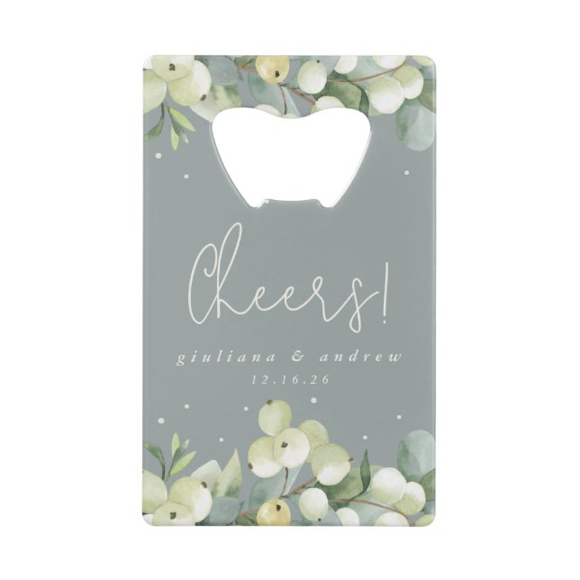 Green Snowberry+Eucalyptus Winter Wedding Mini Credit Card Bottle Opener (Front)