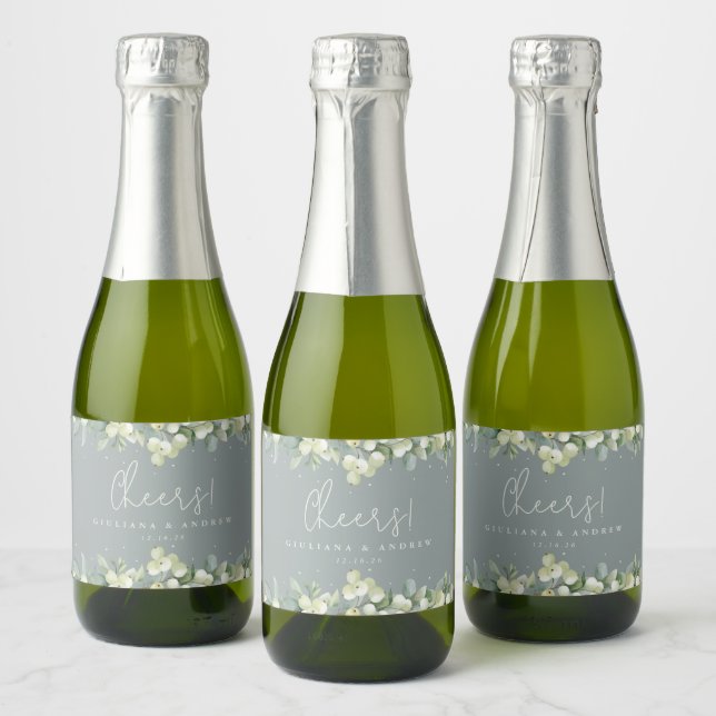 Green Snowberry+Eucalyptus Winter Wedding Mini Sparkling Wine Label (Bottles)