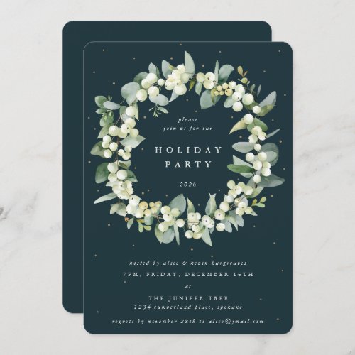 Green SnowberryEucalyptus Wreath Holiday Party Invitation