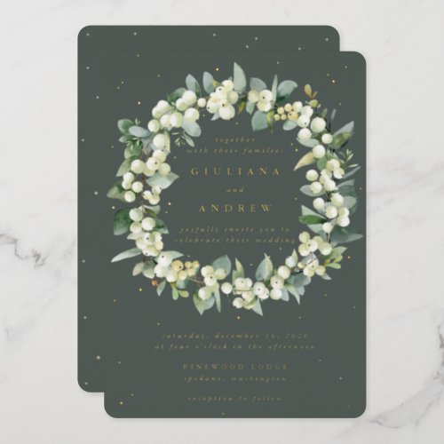 Green SnowberryEucalyptus Wreath Winter Wedding Foil Invitation