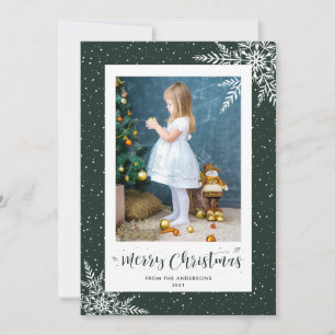 Green Snowflake Calligraphy Photo Christmas Cards