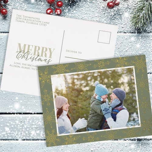 Green Snowflake Christmas Photo Gold Foil Holiday Postcard