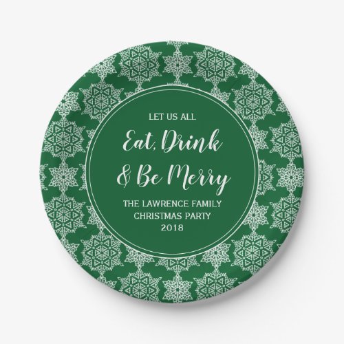 Green Snowflake Eat Drink Merry Christmas Party Paper Plates