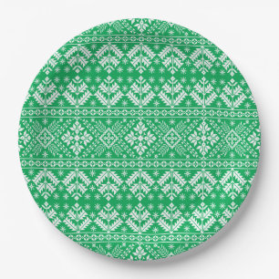 Green Snowflake & Floral Fair Isle Christmas Paper Plates