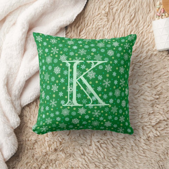 Green Snowflake Modern Elegant Typography Monogram Throw Pillow (Blanket)