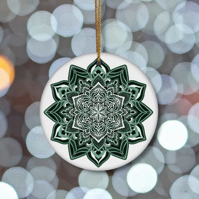 Green Snowflake on white Ceramic Ornament (Creator Uploaded)