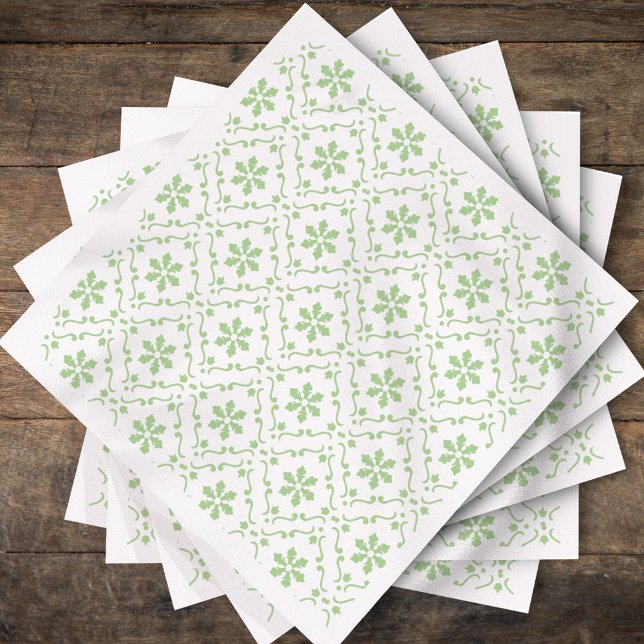 Green Snowflake Pattern Christmas Holiday Cocktail Napkins (Elegant sage green holiday napkin with repeating snowflake design.)