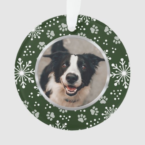 Green Snowflake Paw Pattern Pet Photo Ornament