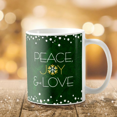 Green Snowflake Peace Joy Love Bold Modern Holiday Coffee Mug