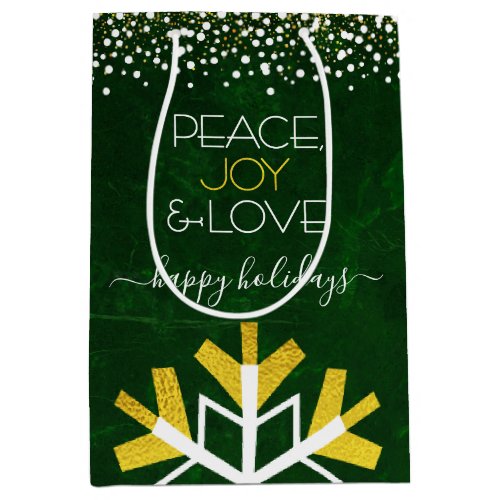 Green Snowflake Peace Joy Love Modern Typography Medium Gift Bag