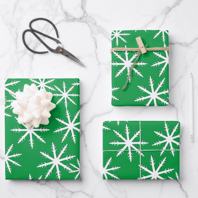 Green Snowflake  Print Wrapping Paper Sheets (Front)