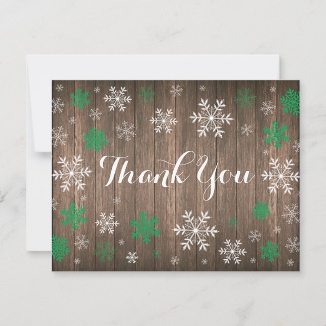 Green Snowflake Winter Rustic Wood Thank You Card (Front)