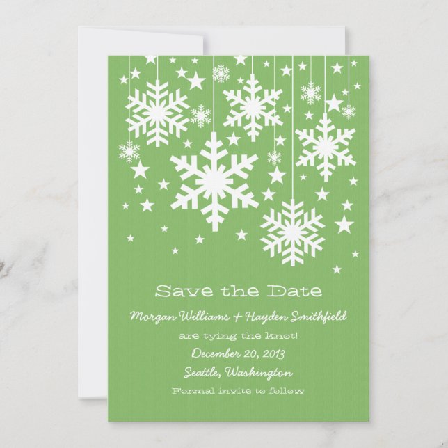 Green Snowflakes and Stars Save the Date Invite (Front)