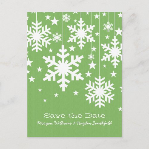 Green Snowflakes and Stars Save the Date Postcard