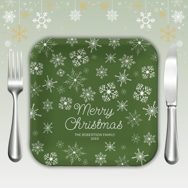 Green Snowflakes Christmas Party Paper Plates (Creator Uploaded)