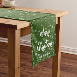 Green Snowflakes Festive Modern Merry Christmas Long Table Runner