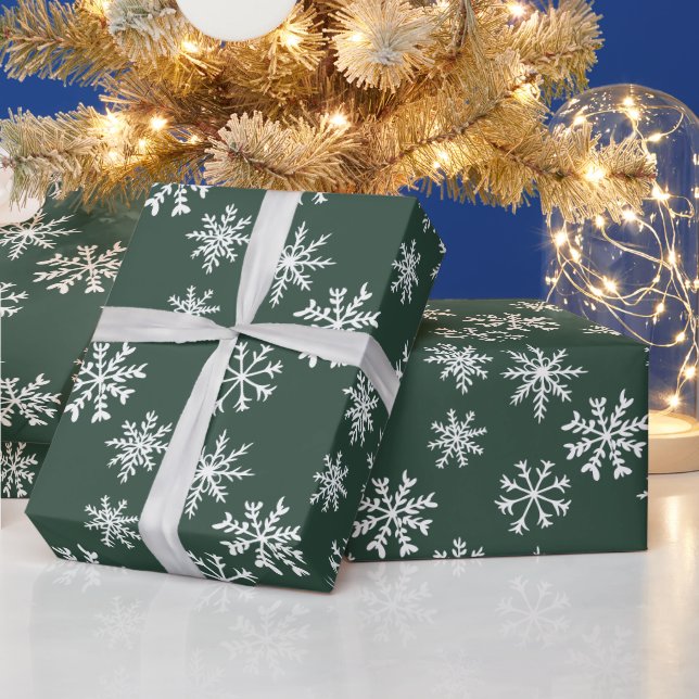 Green snowflakes illustration christmas pattern wrapping paper (Holidays)
