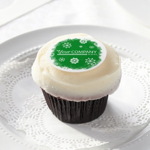 Green Snowflakes Logo Business Christmas Edible  Edible Frosting Rounds