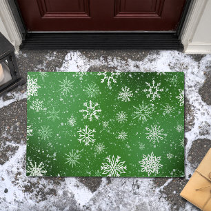 Green Snowflakes Pattern Festive Winter Holiday Doormat