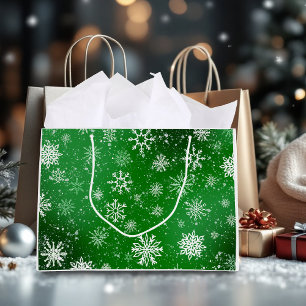 Green Snowflakes Pattern Festive Winter Holiday Large Gift Bag