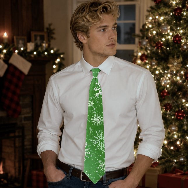 Green Snowflakes Pattern Festive Winter Holiday Neck Tie (Creator Uploaded)
