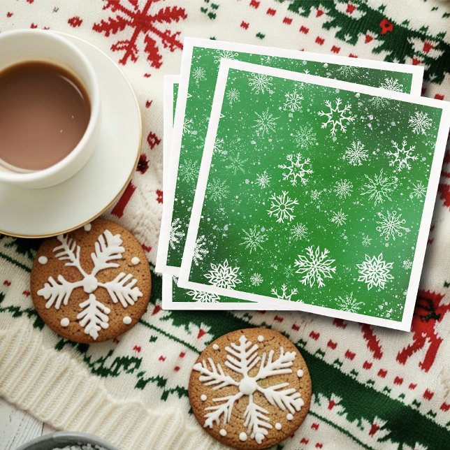 Green Snowflakes Pattern Festive Winter Holiday Paper Dinner Napkins (Creator Uploaded)