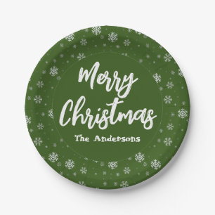 Green Snowflakes Simple Elegant Merry Christmas Paper Plates