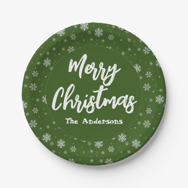 Green Snowflakes Simple Elegant Merry Christmas Paper Plates (Front)