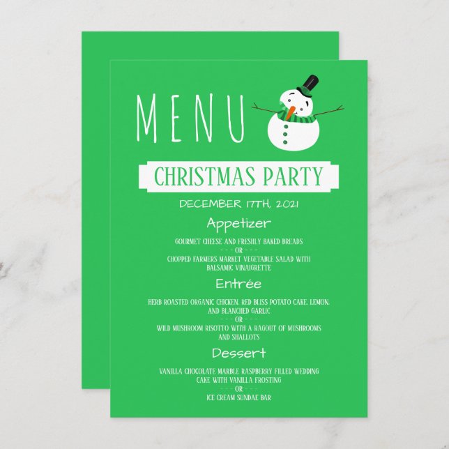 Green Snowman, Christmas Party Menu Invitation (Front/Back)
