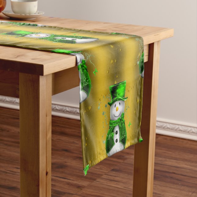 Green Snowman on Gold Christmas Short Table Runner (In Situ)