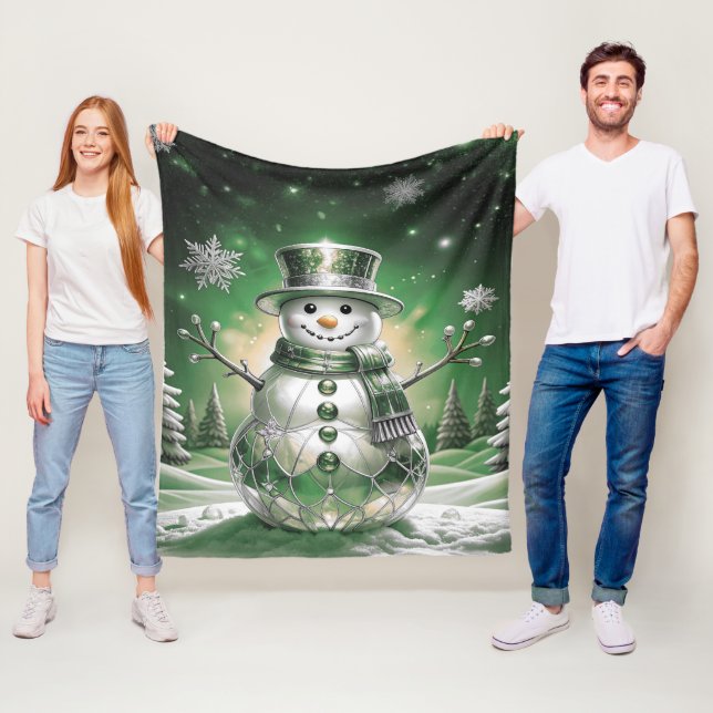 Green Snowman Snowflakes Fleece Blanket (In Situ)