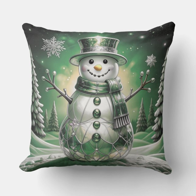Green Snowman Snowflakes Holiday Throw Pillow (Front)