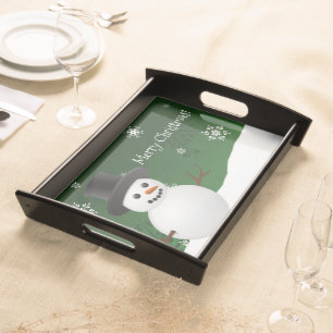 Green Snowman Winter Scene Christmas Serving Tray