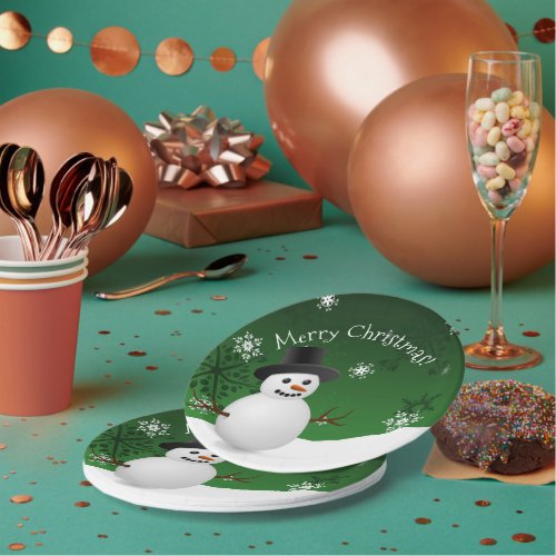 Green Snowman Winter Scenery Christmas Paper Plate