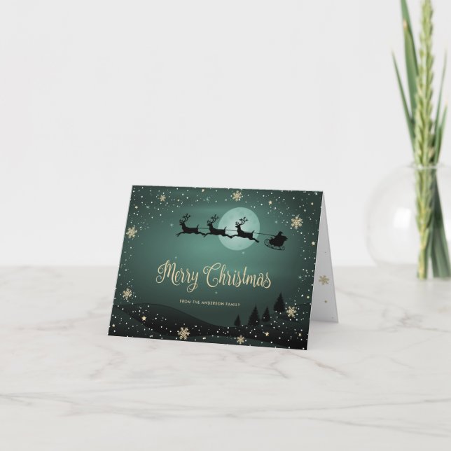 Green Snowy Santa Claus Family Photo Christmas Holiday Card (Front)