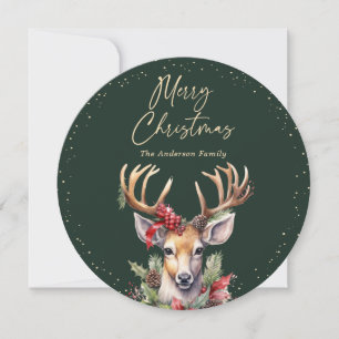 Green Snowy Watercolor Deer Merry Christmas Holiday Card