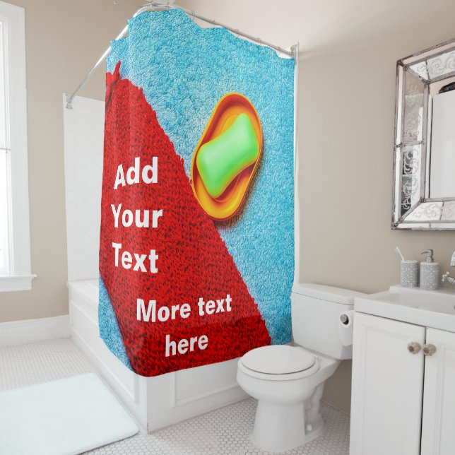 Green Soap Red Scrubber Blue Towel customizable Shower Curtain (In Situ)